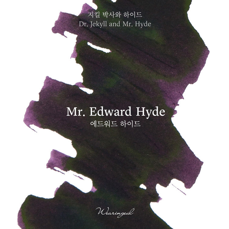 'The Color of Literature' is the project expressing the stories and impressions of literature works with colors, Wearingeul inks illustrate the specific scenes or the atmosphere of novels and poems, Also, some sets represent the main concept of the original stories, giving unqiue exprience following itinerary of the characters in the stories.
By injecting 'conversion solution' to Henry Jekyll ink, it becomes Edward Hyde ink with dark violet base and green sheen. The color of this ink seems sly and dreary,