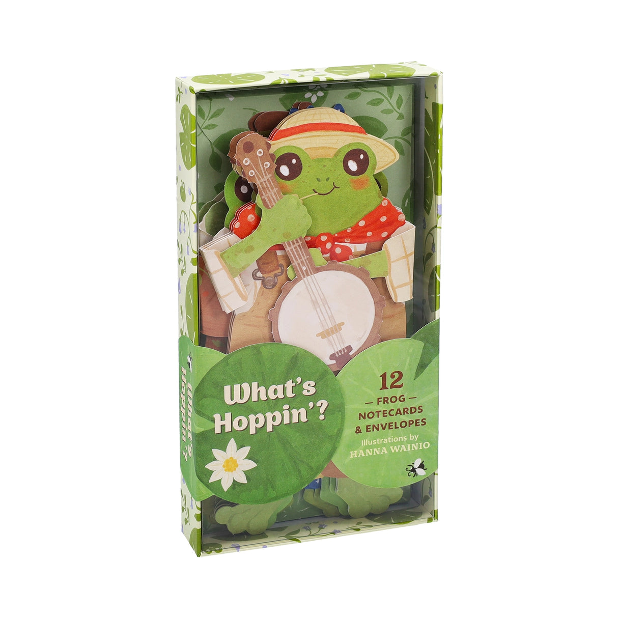Add some quirky charm to your correspondence with adorable frog-shaped notecards!
These illustrated cards feature four different designs and punny greetings. From a wizard frog to a romantic frog, a bookish toad to a cowboy croaker, each of these playful amphibians will deliver your birthday wishes, congratulations, and cheerful ribbits to friends and family! The stationery set includes 12 die-cut notecards (4 designs repeating) and 12 envelopes.
