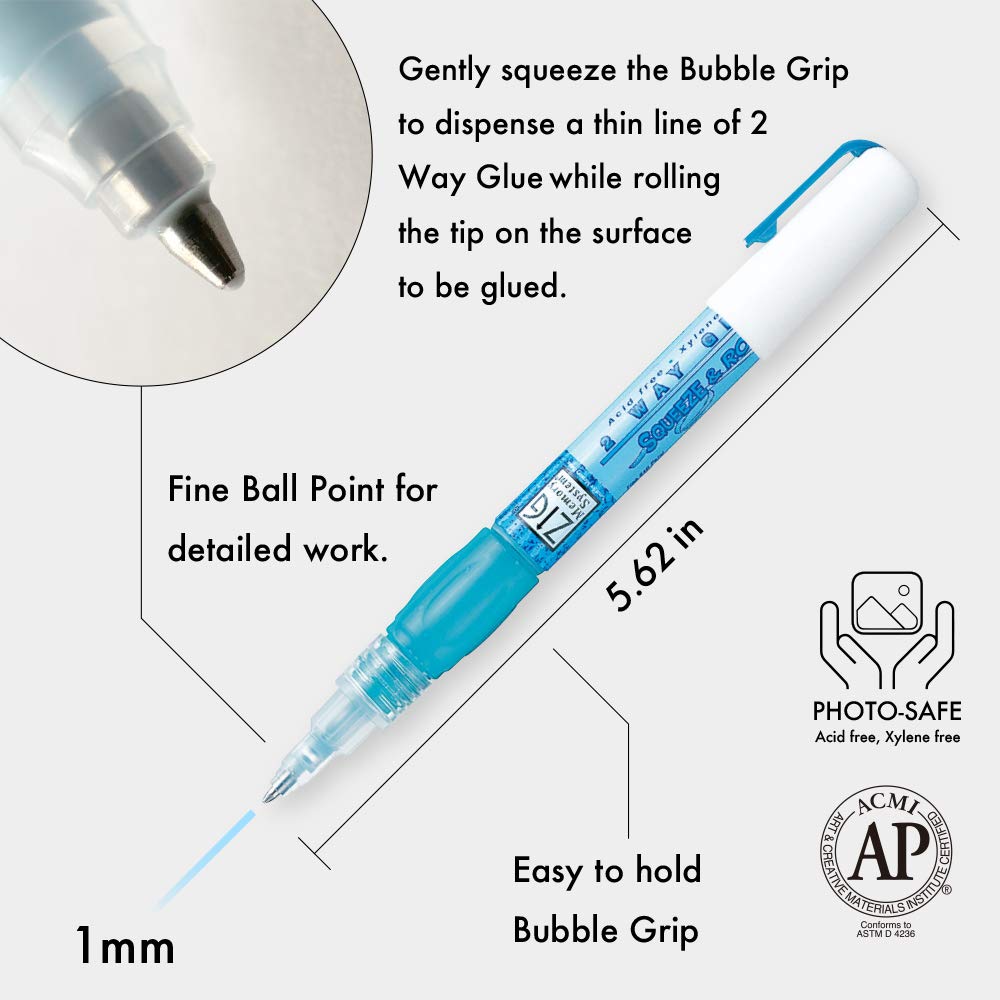 These unique glue pens have two distinct bond types. When applying for a long-lasting bond, use when glue is blue and wet. In a few moments, it turns clear after drying, giving a temporary bond. This glue is perfect for paper, cards, photos, and foiling!
Water-based glue
Photo-safe
Acid free
Xylene free