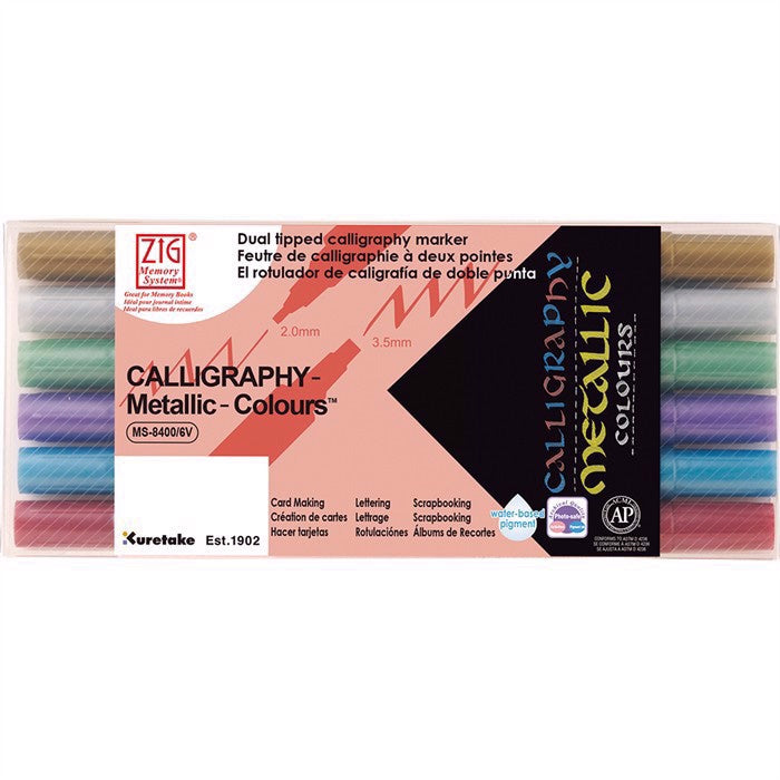 Create thin and thick letters all within one pen! The hard chiseled nibs allow calligraphers and hand letterers the convenience of rendering oblique lines without the hassle of dip pens. These pens are also compatible with watercolors and alcohol inks giving you a wide range of mixed media options. Store horizontally when not in use.
Thin nib: 2 mm
Thick nib: 3.5 mm
Water based pigment
Photo safe
Acid free
Lightfast