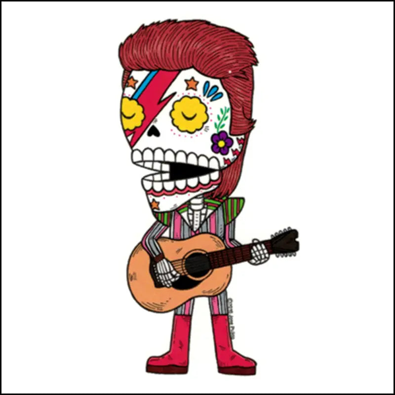 To stardust we return, but before you go how about this spaced out Ziggy Stardust Day of the Dead sticker. Mis nopales artwork, high quality weather-proof vinyl sticker, screen printed professionally, the stickers are die-cut and most measure approximately 2.5 x 4, great for windows, laptops, skateboards, cars, guitars, folders, and just about anywhere you can think of!
Measurement: 4 x 2.5"
