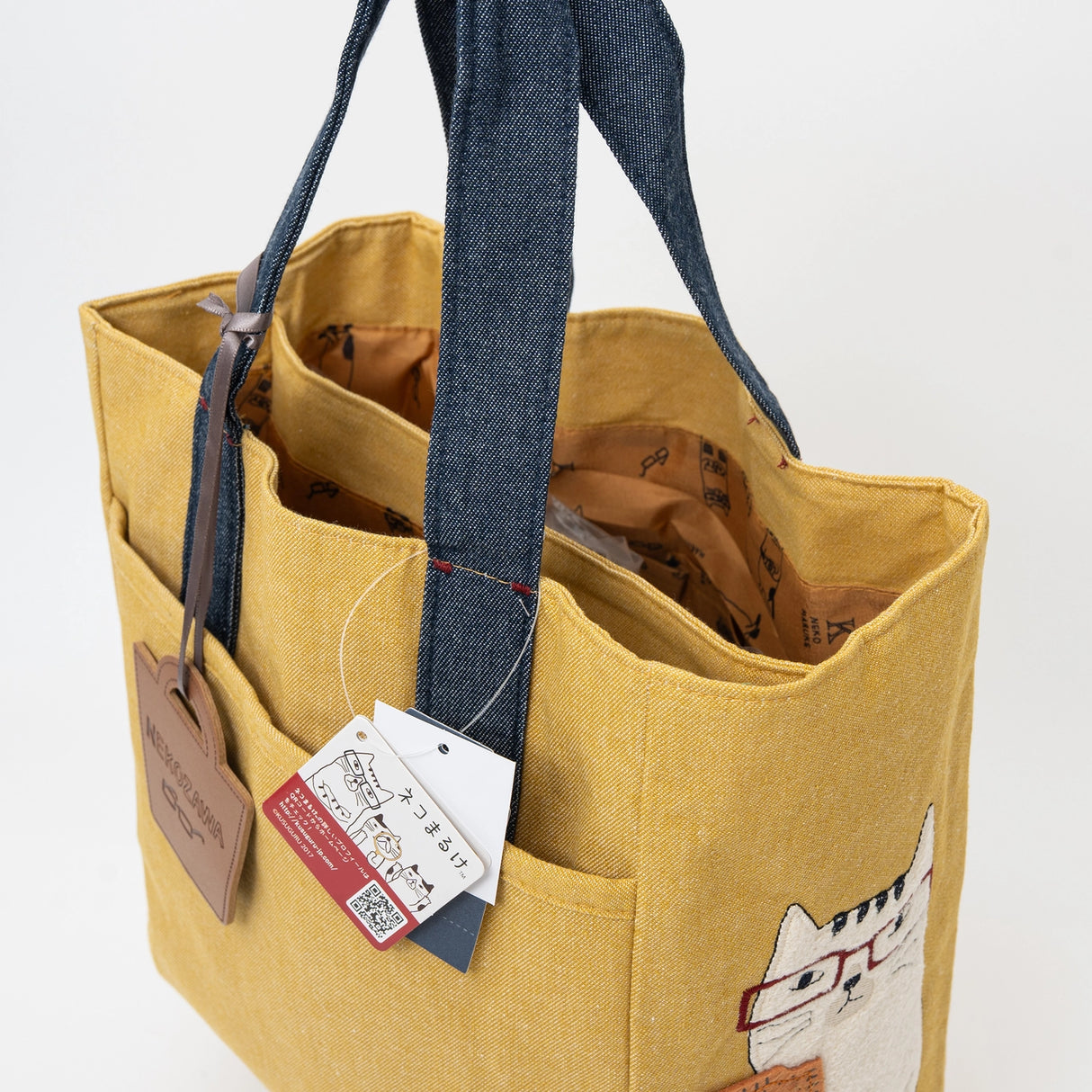 Kusuguru Japan Embroidered Cat Fabric Small Tote Bag - Yellow