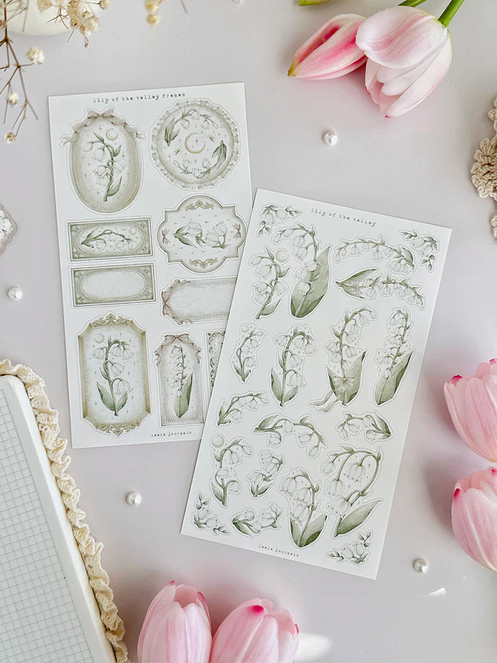 leelajournals Lily of the Valley & Frames 1 Sticker Sheet - 2 pc Set
♡ 2pc sticker sheet set - 2 large
♡ pet matte (clear)
♡ all sheet dimensions estimated: L: 4x7 (in) | S: 4x3 (in)