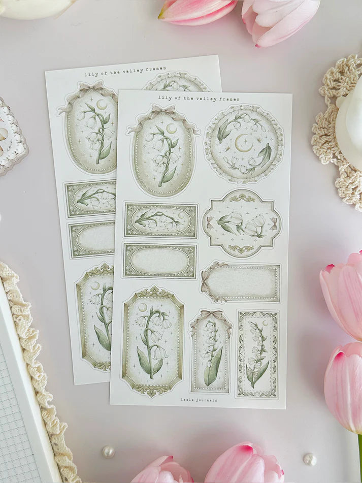 leelajournals Lily of the Valley & Frames 1 Sticker Sheet - 2 pc Set
♡ 2pc sticker sheet set - 2 large
♡ pet matte (clear)
♡ all sheet dimensions estimated: L: 4x7 (in) | S: 4x3 (in)