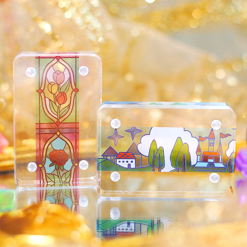 Cinta adhesiva transparente con diseño de castillo y bosque de vitrales