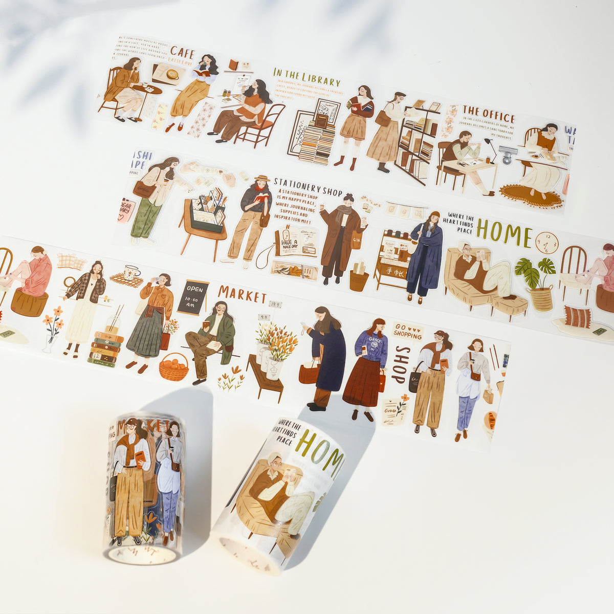 Decorative washi and PET tapes from Japanese and indie stationery brands.