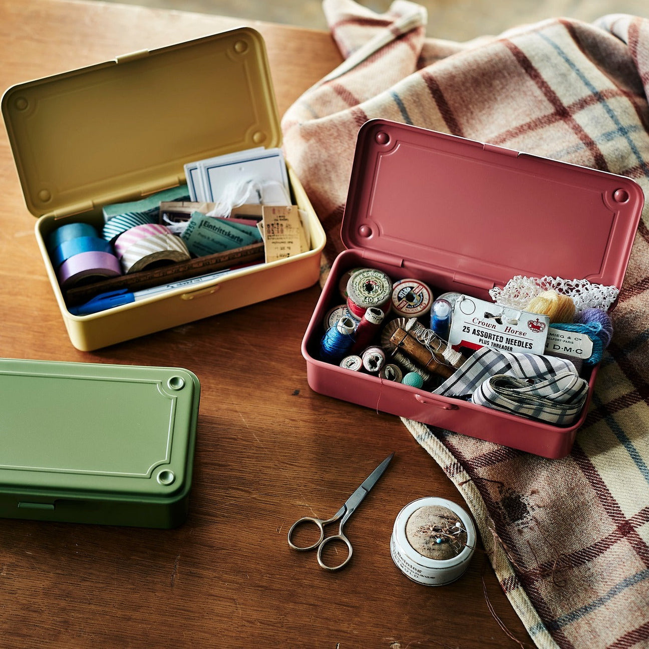 Toyo Steel Co. Japanese steel toolboxes and stackable storage boxes in assorted colors.