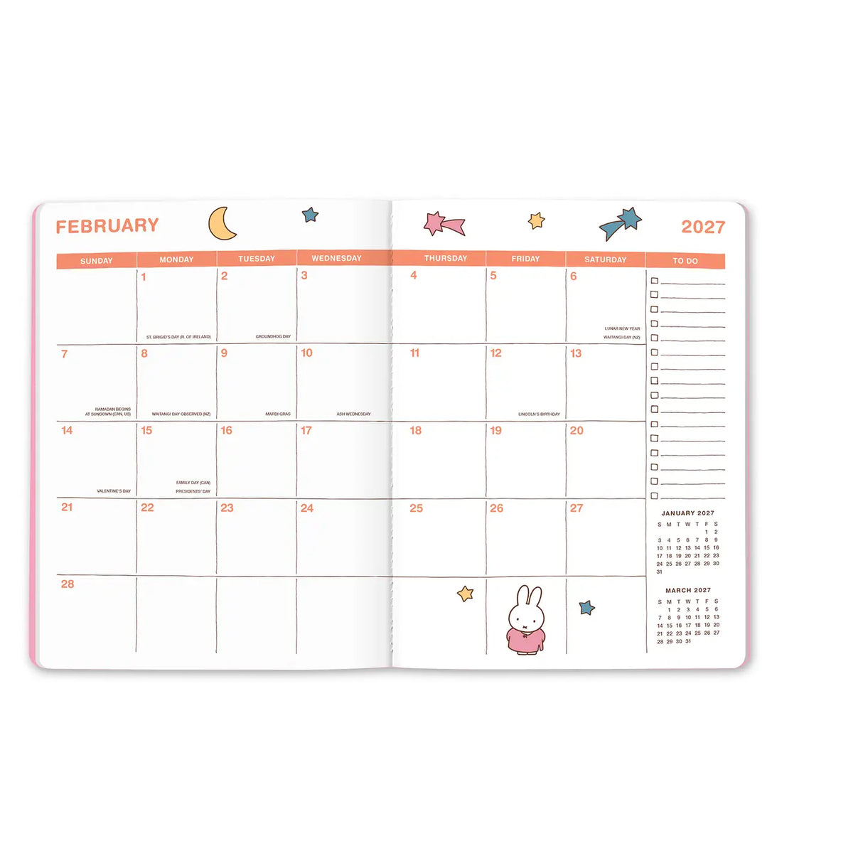 Plan the year with Miffy by your side! This slim 17-month planner (Aug. 2026–Dec. 2027) features monthly planning pages, full-color illustrations, tear-out shopping and to-do lists, and a handy interior pocket. A brass-and-enamel Miffy bookmark adds a charming touch while keeping your place with ease. 

• 7.5"w × 9.75"h 
• 17 months (Aug. 2026–Dec. 2027) 
• 48 pages; 120 gsm acid-free FSC®-certified paper 
• Softcover; Center-sewn binding 
• Brass and enamel bookmark 
• Elastic band closure 

© Mercis bv