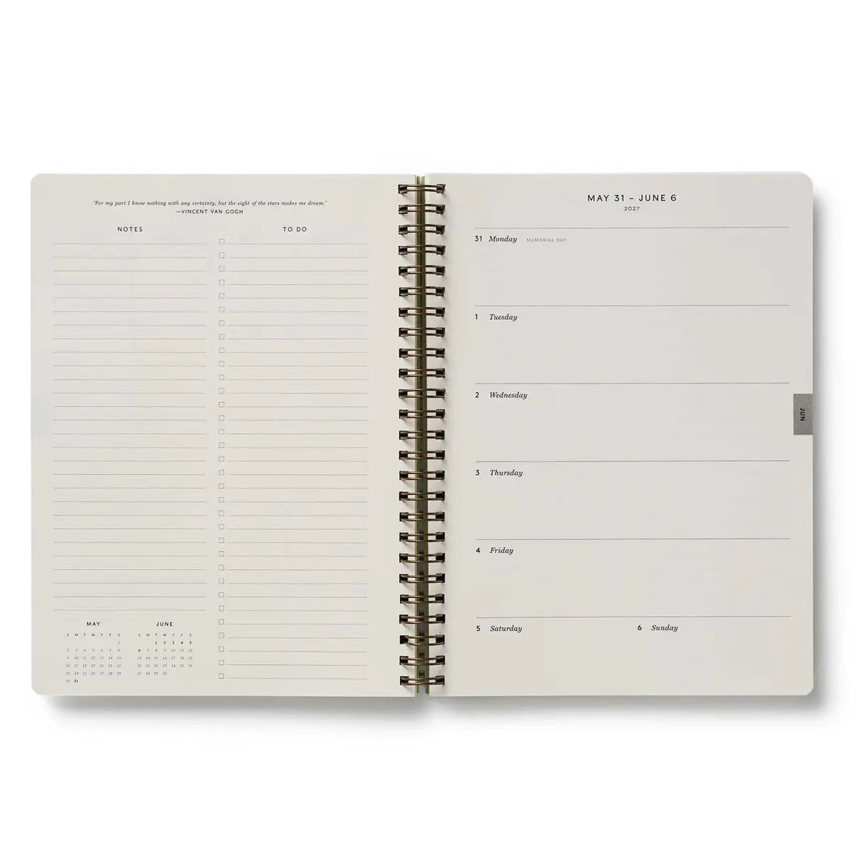 This extended, 17-month version of our softcover spiral planner features a printed bookcloth cover with gold foil detailing. In addition to weekly and monthly views, the planner includes space for weekly notes, a list of celebrations, and pockets for storage.&nbsp;

DETAILS

&nbsp;Printed in full color with foil stamped year
Natural white text paper interior
August 2026-December 2027
Monthly and weekly views
Space for notes for each week
List of celebrations
Pockets for storage
Spiral bound
6.25" W x 8.5" L