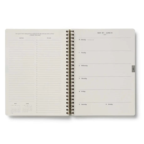 This extended, 17-month version of our softcover spiral planner features a printed bookcloth cover with gold foil detailing. In addition to weekly and monthly views, the planner includes space for weekly notes, a list of celebrations, and pockets for storage.&nbsp;

DETAILS

&nbsp;Printed in full color with foil stamped year
Natural white text paper interior
August 2026-December 2027
Monthly and weekly views
Space for notes for each week
List of celebrations
Pockets for storage
Spiral bound
6.25" W x 8.5" L