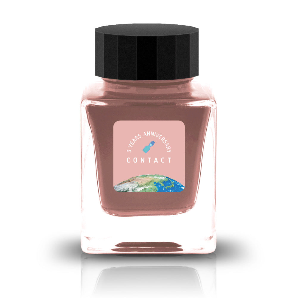 The Three-Year Anniversary Contact Collection features rich, vibrant colors with a smooth writing experience and fascinating characteristics such as shimmer and scent. The “Super” inks contain iridescent shimmer particles that shift color with the light, while the scented inks add a sensory twist to your writing. Please note that scented inks may feather when a large amount is applied—using fountain pen–friendly paper is recommended for the best results.