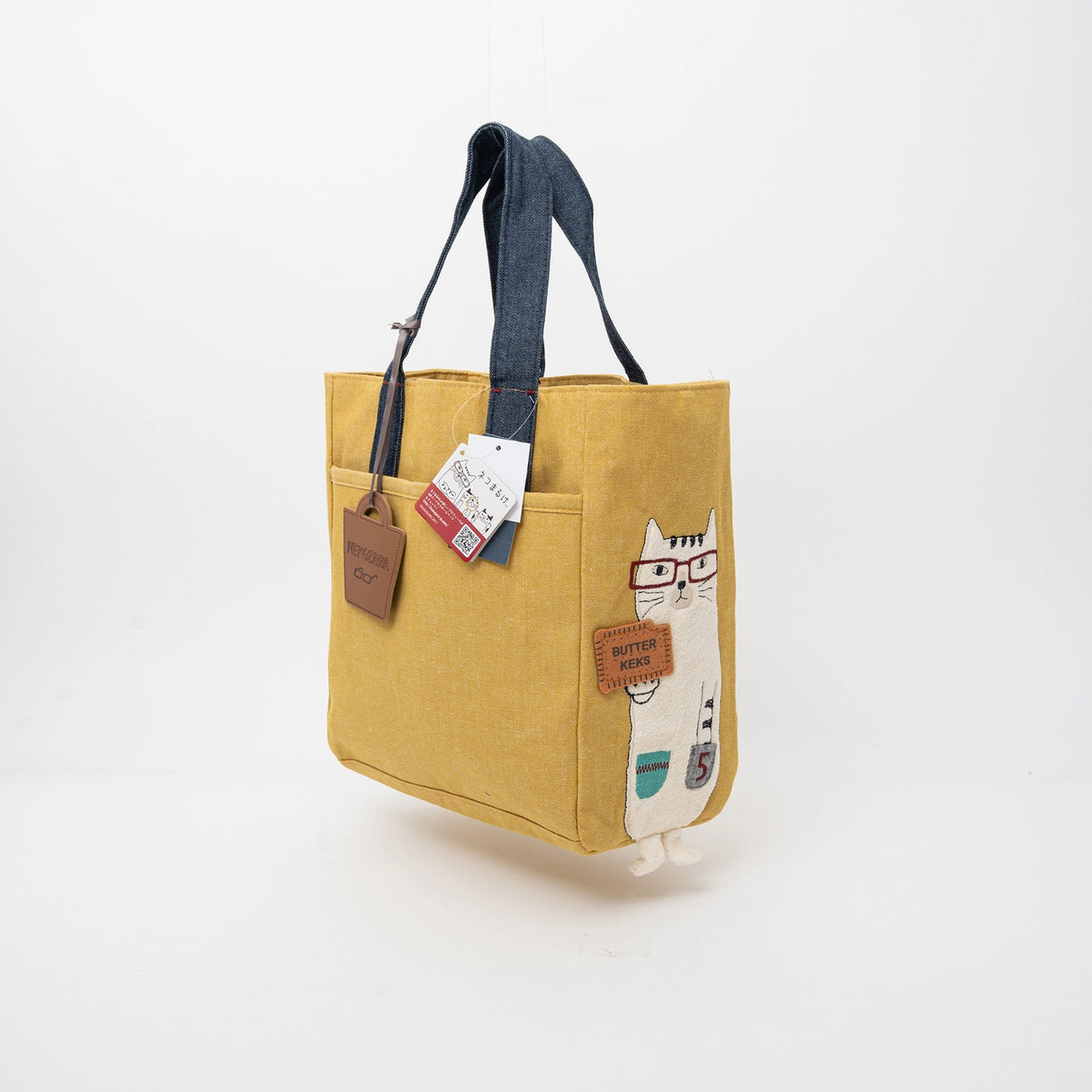 Kusuguru Japan Embroidered Cat Fabric Small Tote Bag - Yellow