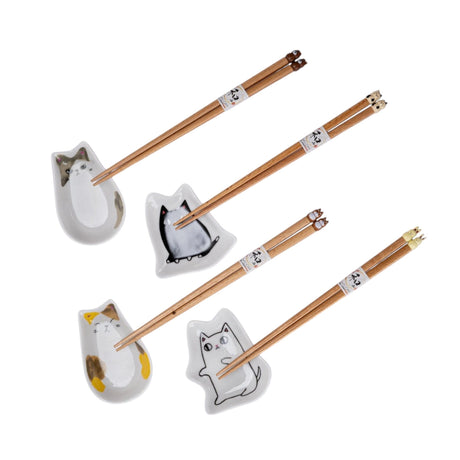 This adorable box set includes 4 sets of chopsticks and sauce dishes.

Size: Chopsticks 9 inch, Cat Sauce Dish 4 inch L
Material: Bamboo and Ceramic
Origin: China