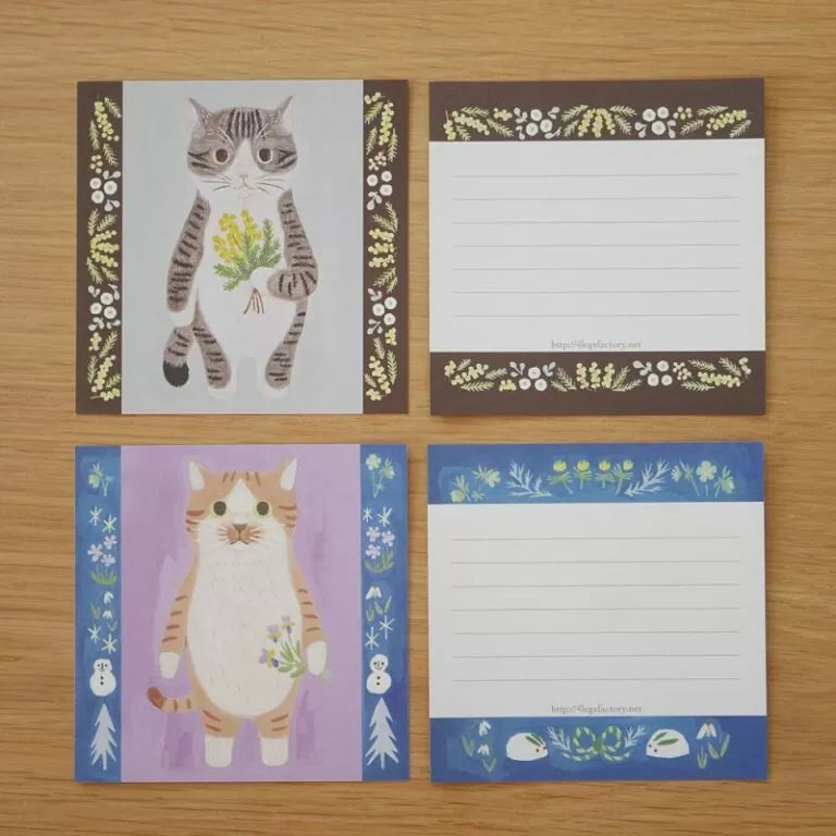 Featuring charming watercolor of cats with flowers and plants from Japanese illustrator 4legs

It is a convenient size that is not too big or too small.&nbsp;Please use it&nbsp;as a communication tool for small thank you and announcements.&nbsp;There are no lines on the front side, so&nbsp;you can use it freely as&nbsp;a shop card or business card&nbsp;with stamps and stickers&nbsp;as well as memos and letters.&nbsp;It is a great gift for people who like paper.&nbsp;The gorgeous and gentle designs&nbsp;will