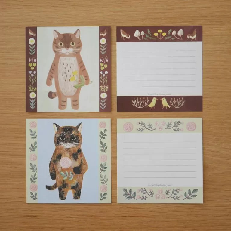 Featuring charming watercolor of cats with flowers and plants from Japanese illustrator 4legs

It is a convenient size that is not too big or too small.&nbsp;Please use it&nbsp;as a communication tool for small thank you and announcements.&nbsp;There are no lines on the front side, so&nbsp;you can use it freely as&nbsp;a shop card or business card&nbsp;with stamps and stickers&nbsp;as well as memos and letters.&nbsp;It is a great gift for people who like paper.&nbsp;The gorgeous and gentle designs&nbsp;will