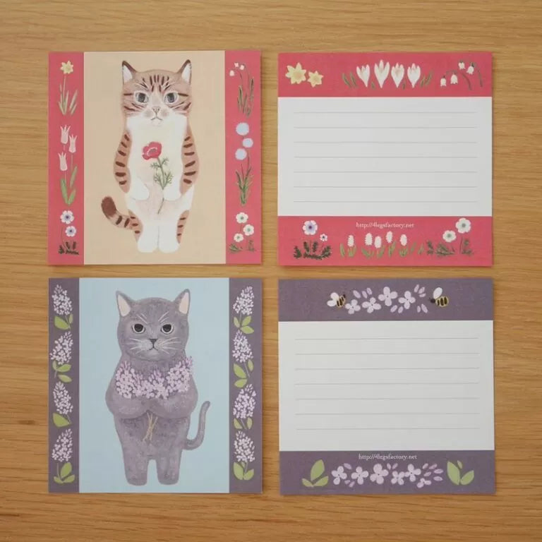 Featuring charming watercolor of cats with flowers and plants from Japanese illustrator 4legs

It is a convenient size that is not too big or too small.&nbsp;Please use it&nbsp;as a communication tool for small thank you and announcements.&nbsp;There are no lines on the front side, so&nbsp;you can use it freely as&nbsp;a shop card or business card&nbsp;with stamps and stickers&nbsp;as well as memos and letters.&nbsp;It is a great gift for people who like paper.&nbsp;The gorgeous and gentle designs&nbsp;will