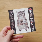 Featuring charming watercolor of a cat holding a basket of mushrooms from Japanese illustrator 4legs

It is a convenient size that is not too big or too small.&nbsp;Please use it&nbsp;as a communication tool for small thank you and announcements.&nbsp;There are no lines on the front side, so&nbsp;you can use it freely as&nbsp;a shop card or business card&nbsp;with stamps and stickers&nbsp;as well as memos and letters.&nbsp;It is a great gift for people who like paper.&nbsp;The gorgeous and gentle designs&nb