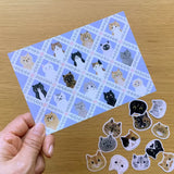 4legs Flake Stickers - Cat Face

We drew the faces of 12 different cats, each with its own unique personality, and turned them into flake stickers. Each comes in two sheets, so please use one, keep one for collection, or maybe give it to someone. Please enjoy.

It comes with a postcard-sized cat illustration paper as a bonus.

24 flake stickers (12 types, 2 sheets each)
1 bonus illustration paper