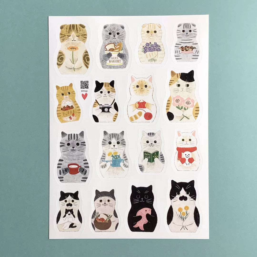 Add a touch of charm to your crafts with this adorable Cat Matryoshka sticker sheet from 4legs. Each sticker features a sweet nesting‑doll–style cat watercolor image, blending cozy folk‑art vibes with the brand’s signature cuteness.

Size: approx. 3.75in x 4.75in
Contents: 1 sheet