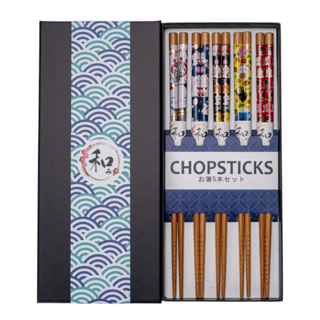 5 Piece Chopsticks Set - Lucky Cats

This set includes 5 sets of chopsticks inside a gift box.&nbsp;

Material: Bamboo&nbsp;
Size: 9"L
Origin: China