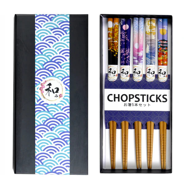 This set includes 5 sets of chopsticks with a red floral pattern inside a gift box.&nbsp;

Material: Bamboo&nbsp;
Size: 9"L
Origin: China