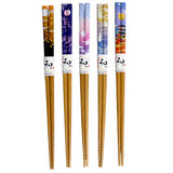 This set includes 5 sets of chopsticks with a red floral pattern inside a gift box.&nbsp;

Material: Bamboo&nbsp;
Size: 9"L
Origin: China
