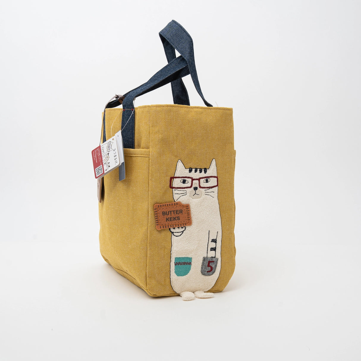 Kusuguru Japan Embroidered Cat Fabric Small Tote Bag - Yellow