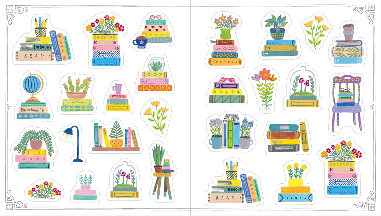 A collection of 400+ beautifully illustrated stickers that will delight bookworms.

Celebrate the joy of reading with this special collection of 500+ book-themed stickers, each one a tiny treasure and visual ode to the transformative power of books. The stickers within are thoughtfully hand-painted and designed to speak right to a book lovers heart: There are cozy shelves overflowing with carefully stacked books and potted plants; quaint bookstore facades that beckon readers inside with their artful and abu