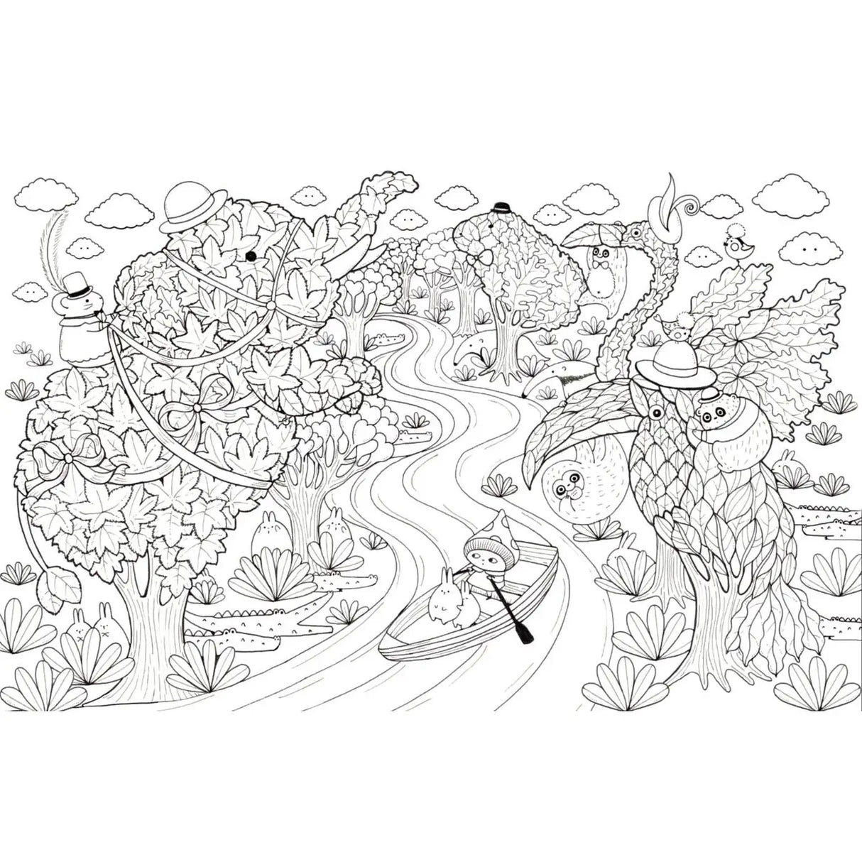 Coloring page with a boat journey through a forest and river landscape.