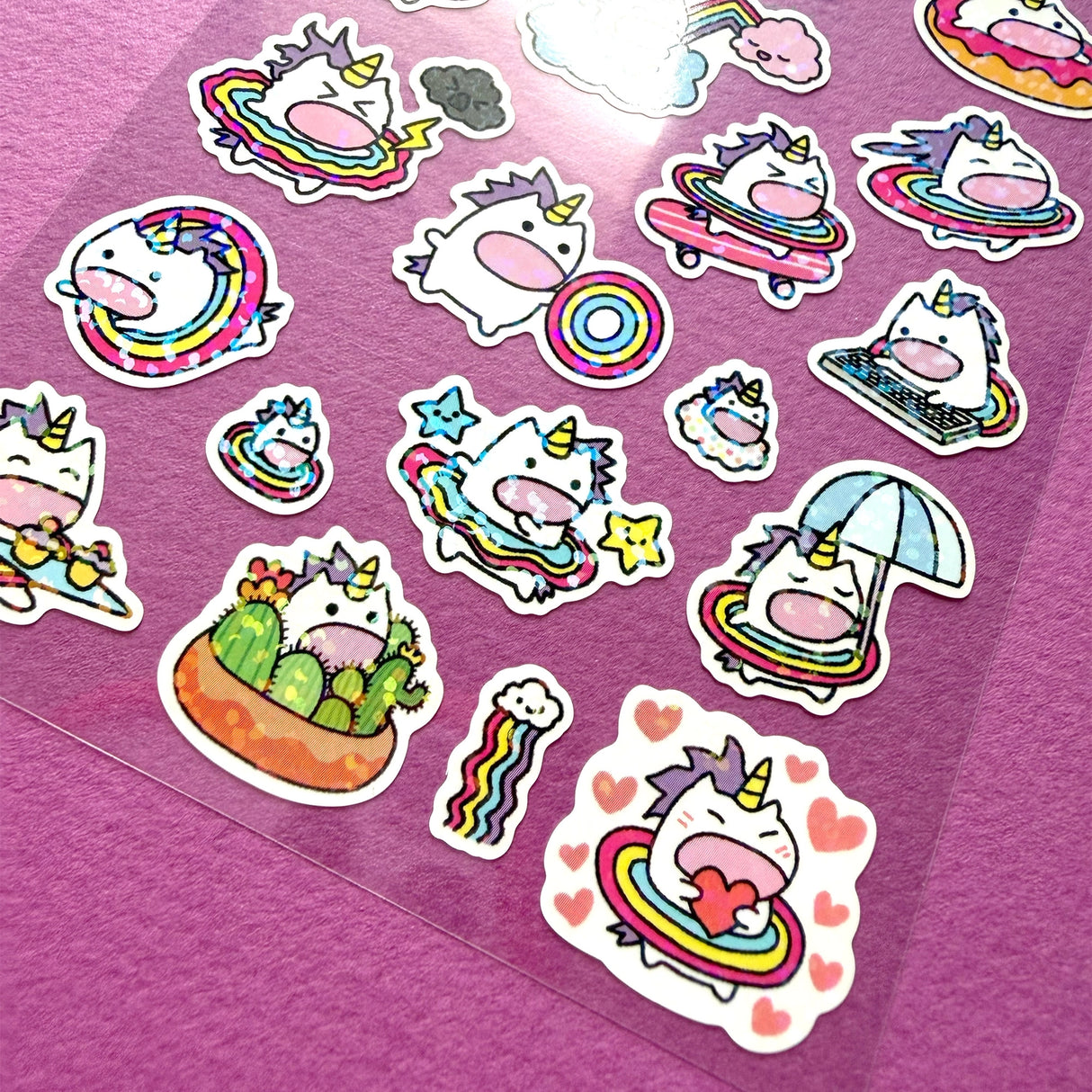 This is part of a new series of sticker sheets that feature different "days".

There are 24 individual stickers on the sheet full of dessert cuteness.

They are vinyl stickers on a clear plastic sheet with a backing card and packaging that's ready to display.

&nbsp;The whole packaging is 3.8 x 8.75" and is ready to hang. The sticker sheet is 3.75 x 5.8"