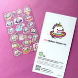 This is part of a new series of sticker sheets that feature different "days".

There are 24 individual stickers on the sheet full of dessert cuteness.

They are vinyl stickers on a clear plastic sheet with a backing card and packaging that's ready to display.

&nbsp;The whole packaging is 3.8 x 8.75" and is ready to hang. The sticker sheet is 3.75 x 5.8"
