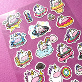 This is part of a new series of sticker sheets that feature different "days".

There are 24 individual stickers on the sheet full of dessert cuteness.

They are vinyl stickers on a clear plastic sheet with a backing card and packaging that's ready to display.

&nbsp;The whole packaging is 3.8 x 8.75" and is ready to hang. The sticker sheet is 3.75 x 5.8"