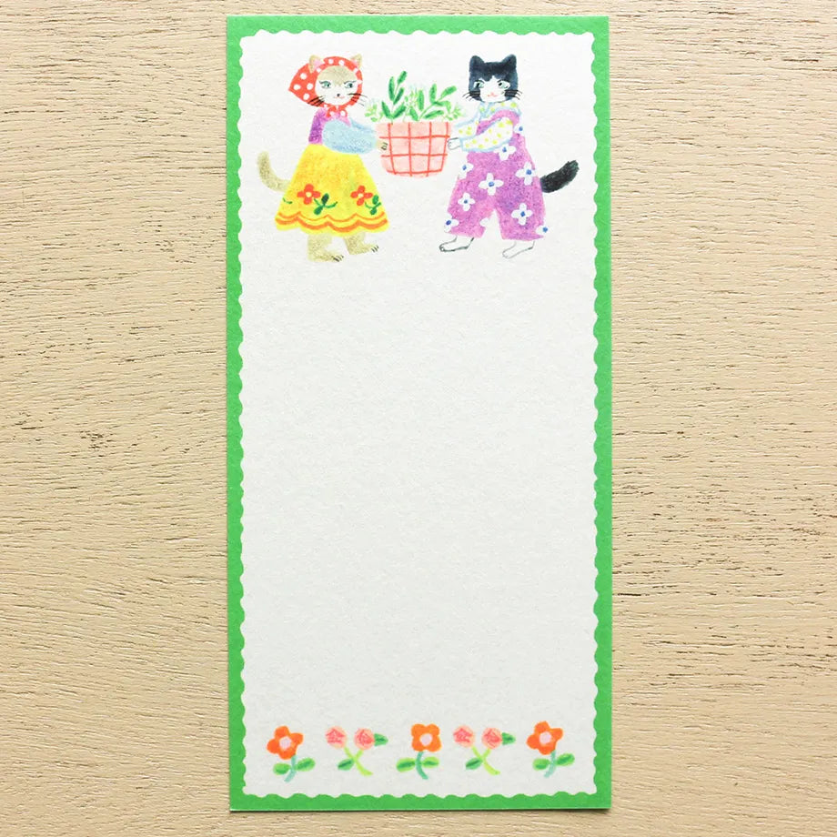 Animals dressed in fashionable clothes and cute flowers are drawn in a one-stroke note by illustrator Aiko Fukawa. Since it uses fluorescent ink, the bright color is cute. Use it to write a small letter or thank you.

It comes in a set of 4 patterns, so you can use it according to your mood and the person you are sending it to.
It is made of Mino washi paper with a pleasant rough texture, and you can also enjoy the unique writing comfort of washi paper.



Mino washi paper&nbsp;
4 patterns, 5 sheets each&nb