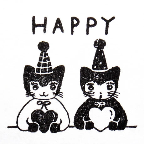 Stamp by illustrator Aiko Fukawa.
It depicts a pair of cats wearing matching party hats and hugging their hearts tightly.
It's also wonderful to mark on gift cards or in a diary of days when good things happened.