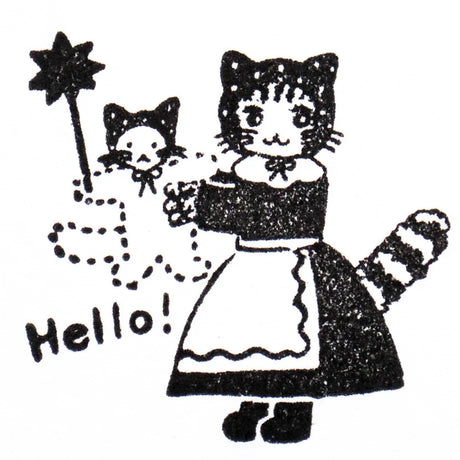 Stamp by illustrator Aiko Fukawa.
The cat holding a fluffy stuffed animal is absolutely adorable.
It adds a cute touch to the little blank space on cards or notebooks.