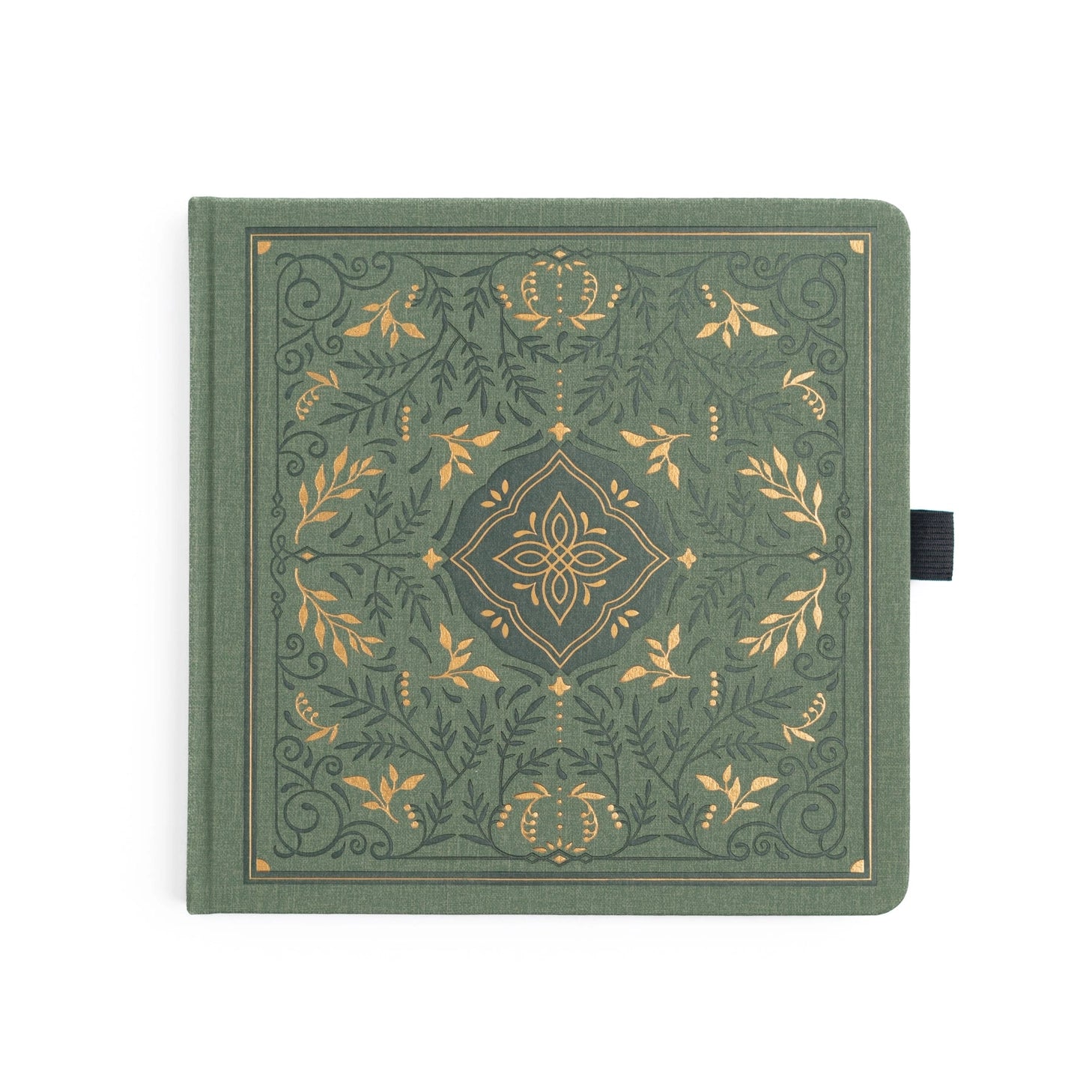 Introducing the Storybook Notebook, featuring an intricate full cover design inspired by vintage special edition books, part debossed and part hand stamped with gold foil on a vintage olive vegan leather cover. This design spans the full notebook, with special debossed and foiled details on the back cover, spine and front cover.