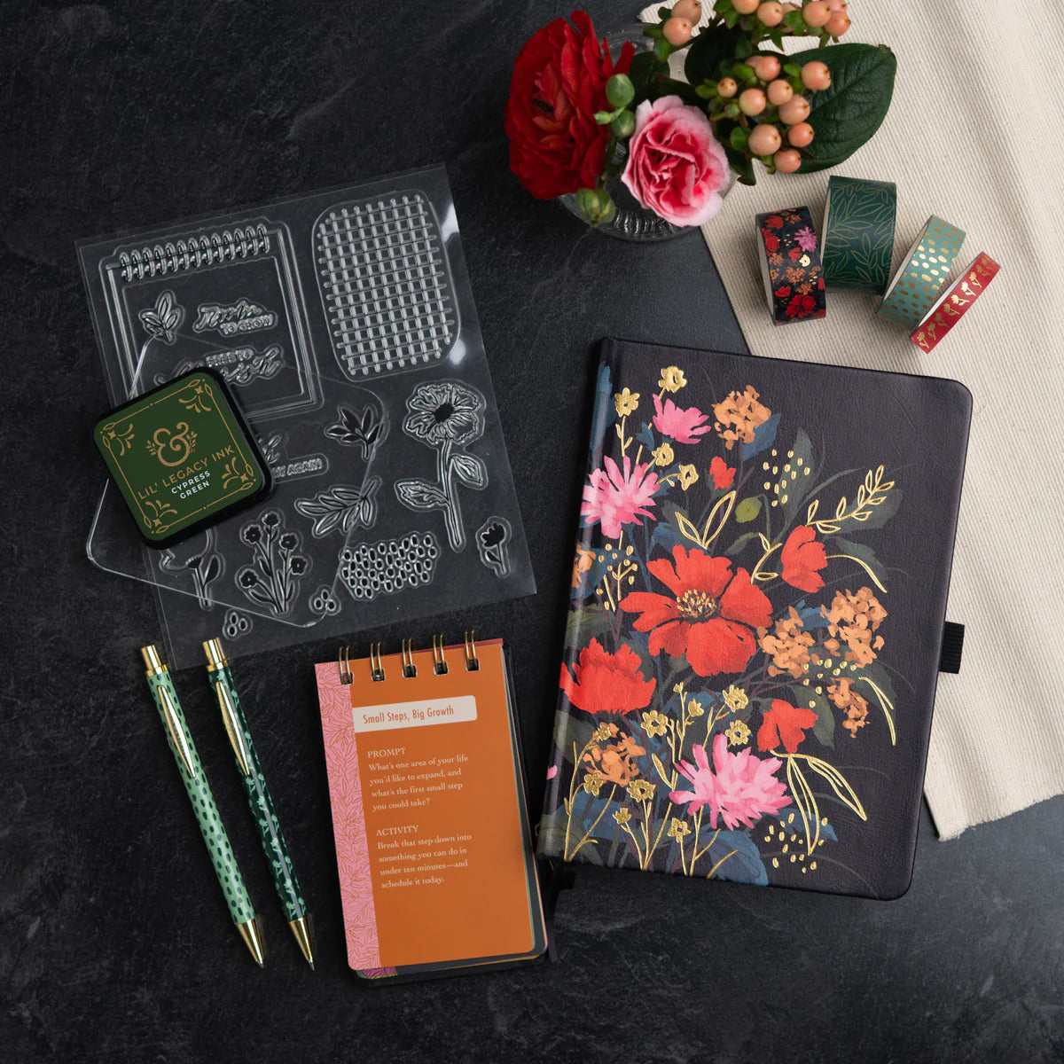 Nurture your creativity with the Flourish Self Care Box, a beautifully curated collection designed with mental wellness in mind. Designed with intention, this box brings together everything you need to begin (or return to) a meaningful creative practice.

Inside you will find: 

A5 Bloom & Grow Notebook: featuring a full cover printed abstract floral design, hand stamped with gold foil accents on a vegan leather cover.

Writing Set: including a 0.5mm Ballpoint Pen and Mechanical Pencil with Eraser, both emb