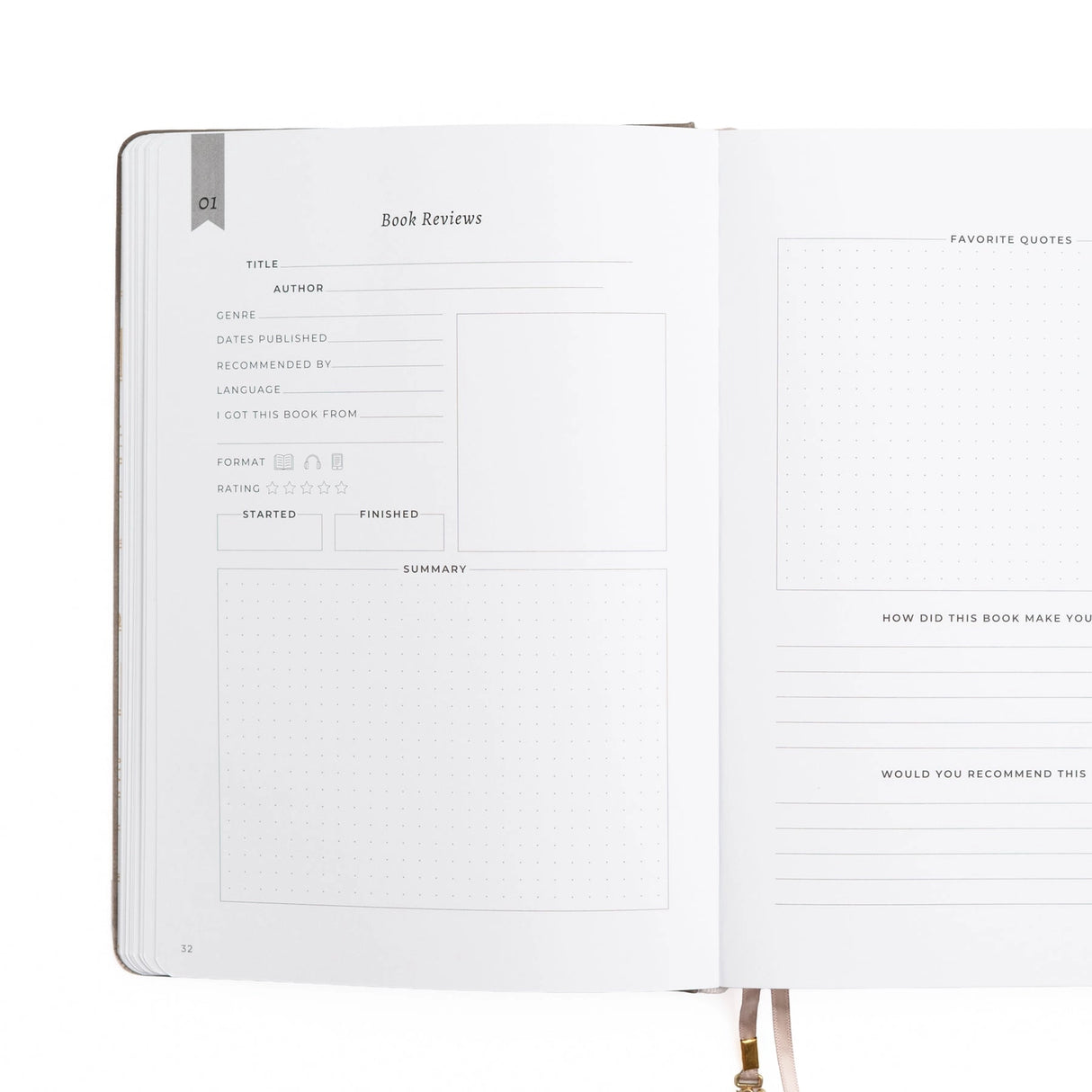 A dreamy Reading Journal in gentle lilac vegan leather, inspired by classic library bindings. Subtle geometric embossing frames a delicate open-book motif, creating a clean, elegant design that appeals to book lovers, writers, and everyday creatives.