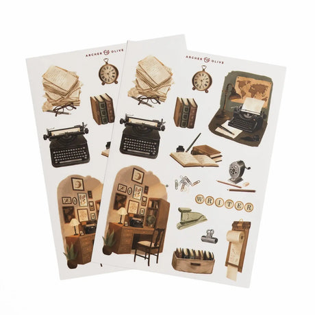 Bring the timeless charm of a writer's workspace to every page with The Writer's Desk Sticker Set.

Inspired by vintage typewriters, handwritten manuscripts, antique office tools, and cozy creative corners, these beautifully illustrated stickers celebrate the joy of putting pen to paper.

Perfect for adding literary charm and nostalgic details to journals, planners, and paper crafts.

