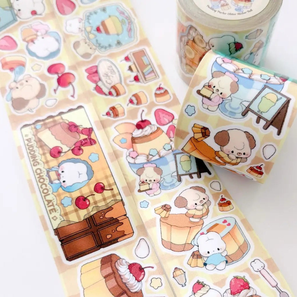 Decorate your journal spreads with this adorable kisscut sticker roll featuring a sparkling glitter texture lamination for an extra magical touch! Perfect for planners, scrapbooking, happy mail, and cozy stationery setups.

Product details:

50mm x 5m (repeat is 800mm)
Vinyl Matte with glitter sand lamination