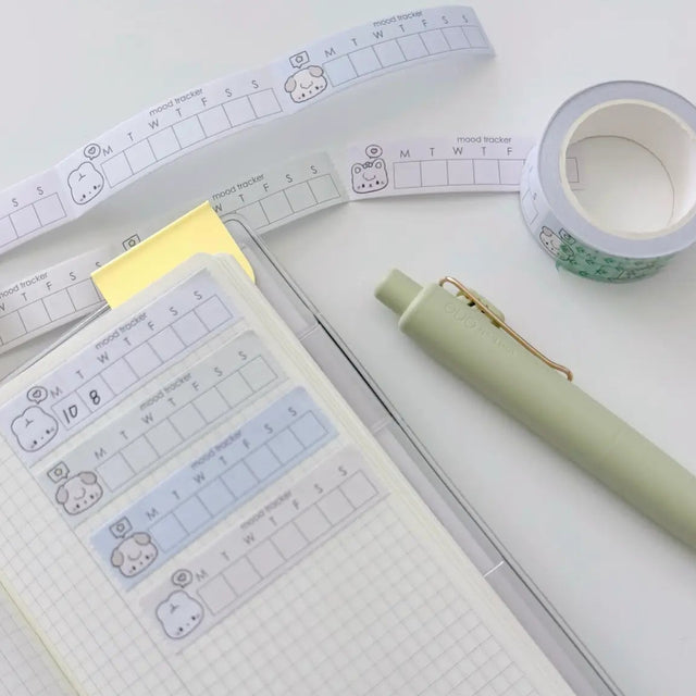 Track your days with this minimalist Mood Tracker Memo Tape designed for planners, journaling, and everyday reflection. The simple and functional layout makes it easy to record moods, habits, or daily feelings while keeping your spreads clean and organized.

Perfect for Hobonichi Weeks, planners, bullet journals, and notebooks, this compact design pairs beautifully with any stationery aesthetic.

˚ʚ♡ɞ˚ Product Specifications:
☆ Size: 15mm x 5m
☆ Mood tracker design
☆ Great for planners and journaling
☆ Mini