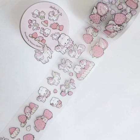 New sticker rolls designs have arrived! Choose between a sweet strawberry and cream unicorn design and a character portrait style or get both!

Product details:

45mm x 5m (the pattern is repeated about 15 times on one roll)
Clear Matte with Foil