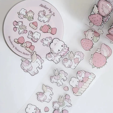 New sticker rolls designs have arrived! Choose between a sweet strawberry and cream unicorn design and a character portrait style or get both!

Product details:

45mm x 5m (the pattern is repeated about 15 times on one roll)
Clear Matte with Foil