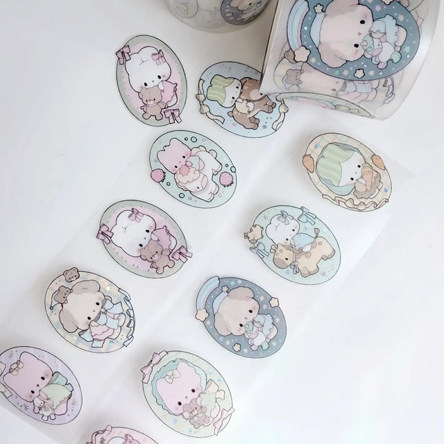 New sticker rolls designs have arrived! Choose between a sweet strawberry and cream unicorn design and a character portrait style or get both!

Product details:

45mm x 5m (the pattern is repeated about 15 times on one roll)
Clear Matte with Foil