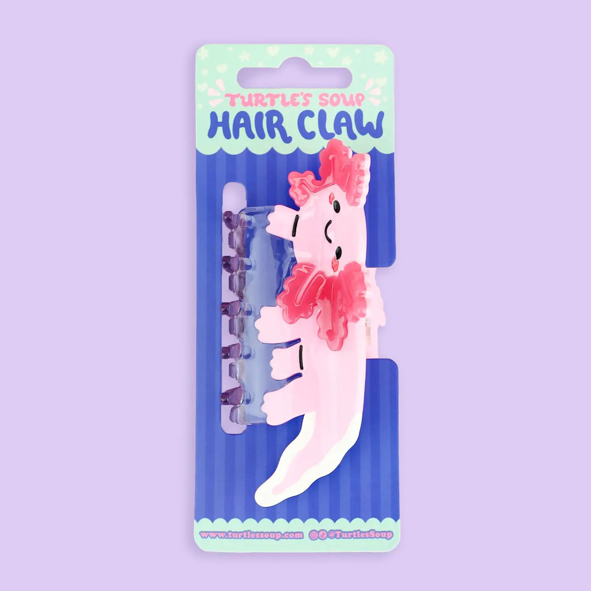 Axolotl Hair Claw' Hair Accessory by Turtle's Soup.

Includes one (1) hair claw
Claw is roughly 3"
3D, engraved, printed, and painted details
High quality acetate material, stronger than standard hair clips
Themed packaging