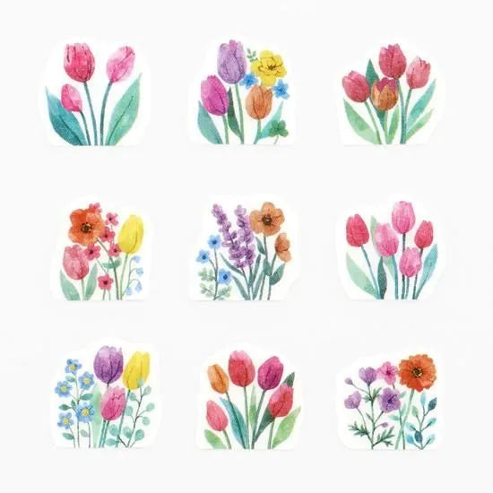 BANDE's popular patterns is back in print! A series of flower fields drawn by illustrator kalo with a gentle hand-drawn touch. Just arrange and paste them in the order they appear, and a field of pink, red, and purple tulips will spread out. If you stick it along the borders of your notebook or notebook, you can create a decoration that will make you smile.