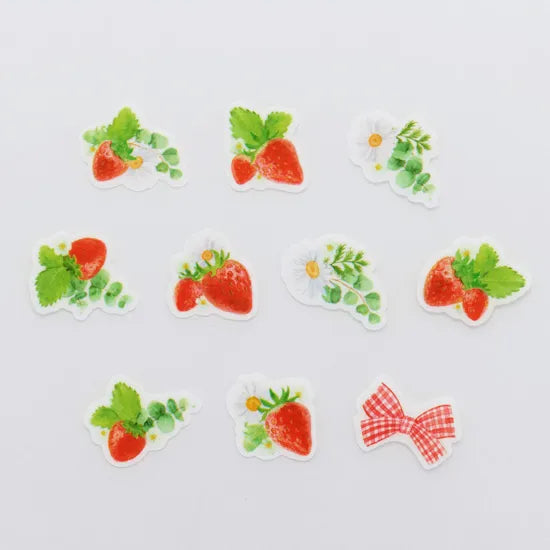 Fresh strawberries and checkered ribbons add a nice accent. Just stick them clockwise in the flipped order to make a girly strawberry wreath.


Product size: Height 20mm× Width 20~25mm
Pattern types: 10 patterns
Number of sheets: 150 sheets
Packaging size: Height 125mm× Width 68mm× Depth 48mm