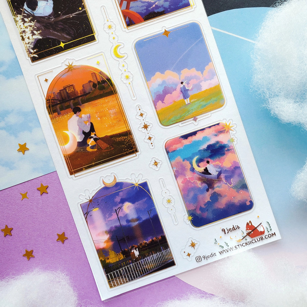 🌙⭐ Wanna get even further away? @9jedit’s got you covered with this stellar celestial set. Sometimes we can only escape in our daydreams and why would we want that to be ordinary? Think cozy reads under crescent moons, ferris wheel rides through cotton candy skies, and portals to worlds that aren’t planet earth. Take us away!

Art by: @9jedit

Top Coating: Gold foil

Adhesive Layer: PVC (plastic)

Backing Layer: Clear PET

6.69" x 3.54". Weight - 0.03lbs.

1 sheet included