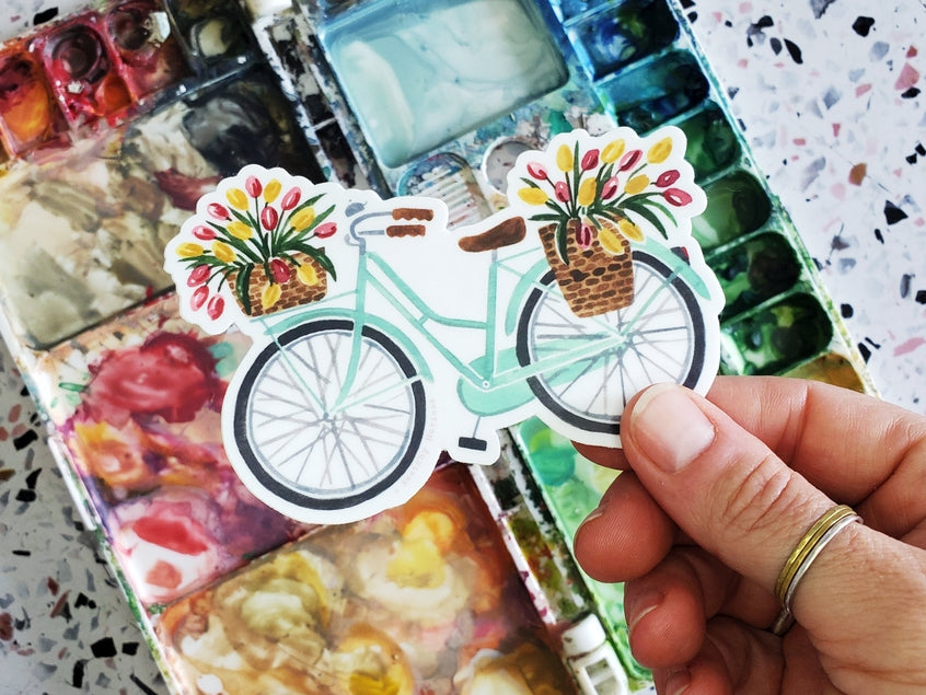 Mint Bicycle with Tulips Vinyl Sticker