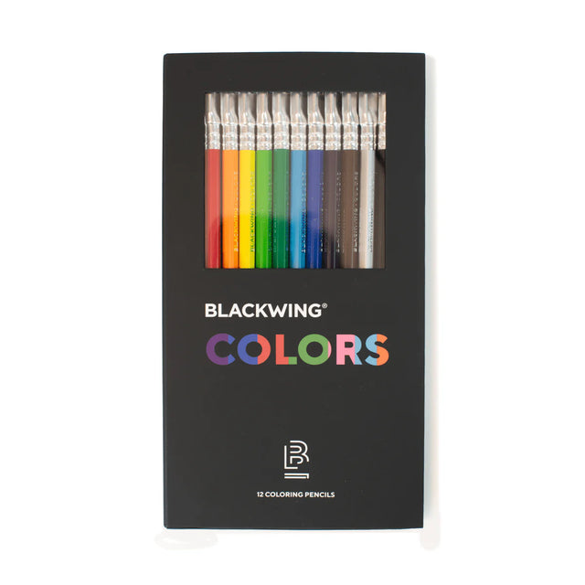 Blackwing Colors were designed specifically for coloring. Each pencil is made with Genuine Incense-cedar and includes a unique soft and smooth Japanese wax color core. Each pencil features the same semi-hexagonal barrel and iconic ferrule found in our graphite pencils. The design also features a special sand eraser with a semi-abrasive texture made specifically to erase colored pencils.

Each set includes 12 colors: Pink, Red, Yellow, Orange, Light Green, Green, Light Blue, Blue, Violet, Brown, Black, and S